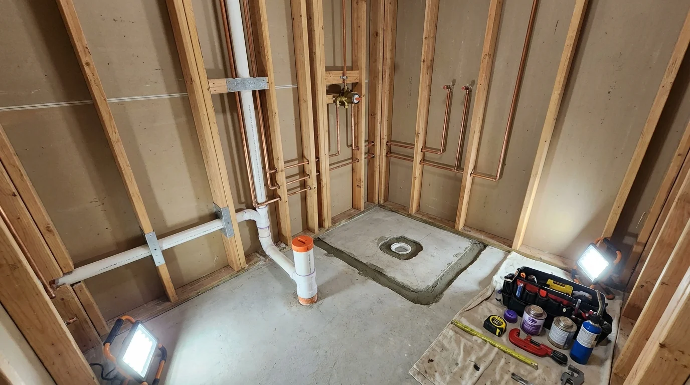 Bathroom rough-in plumbing during remodel by Johns Plumbing LLC in Totowa