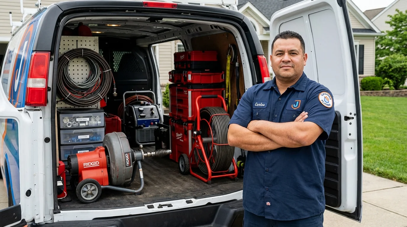 Professional drain cleaning equipment and Johns Plumbing LLC plumber in Totowa
