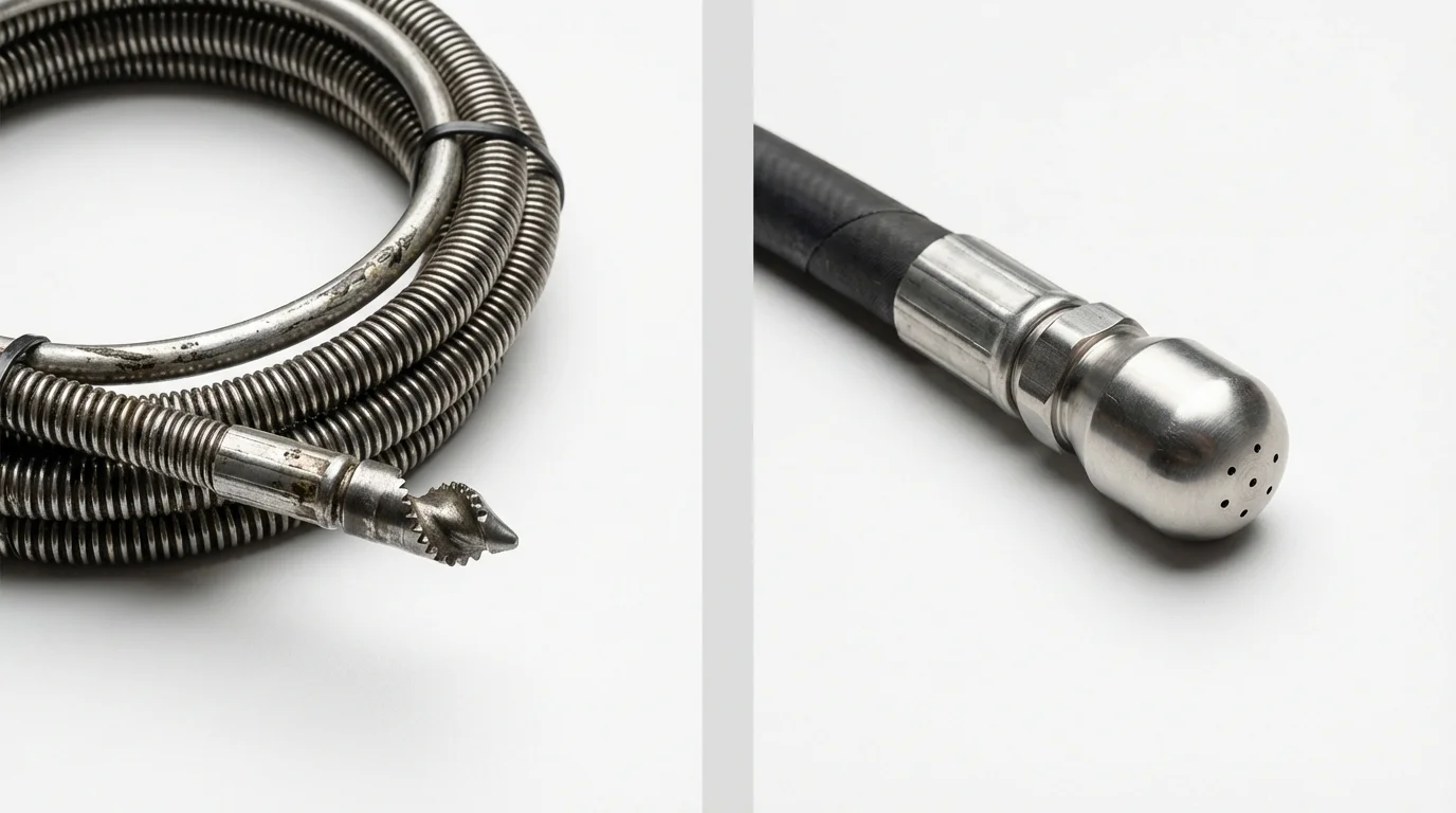 Drain snake cable and hydro jetting nozzle used for drain cleaning in Totowa, NJ
