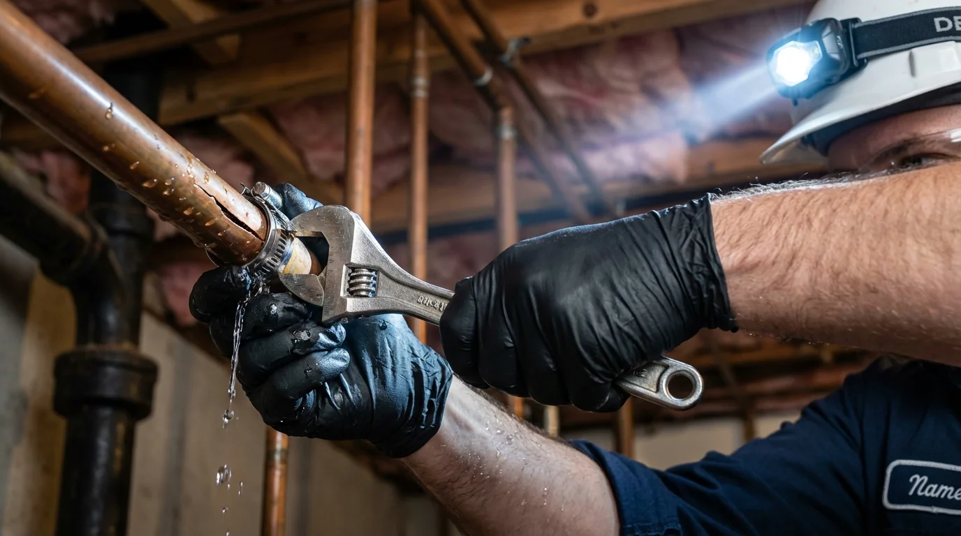 Emergency pipe clamp repair being performed by a Johns Plumbing LLC plumber in Totowa