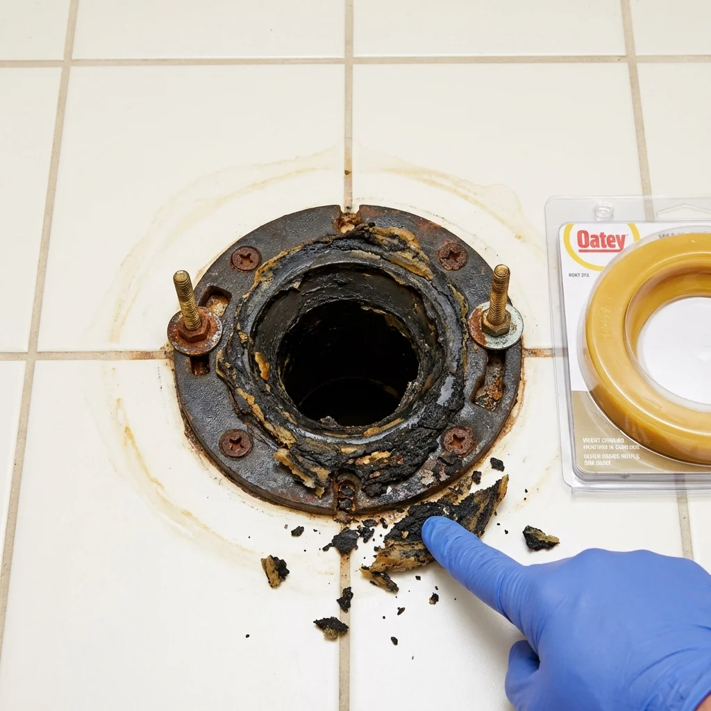 Failed wax ring showing water seepage at the base of a toilet in a Totowa, NJ home